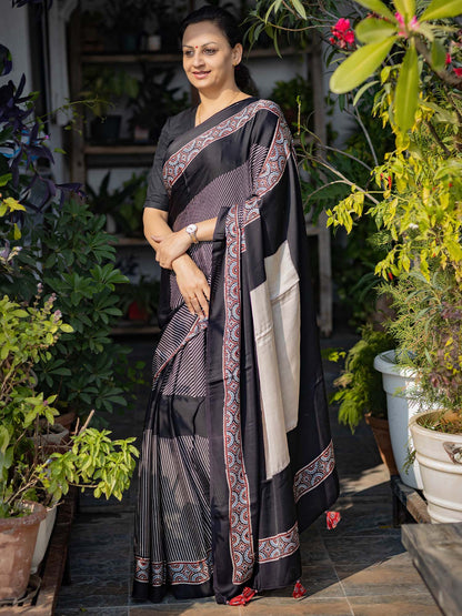 Black & Off-white Striped Modal Silk Ajrakh Block Print Saree