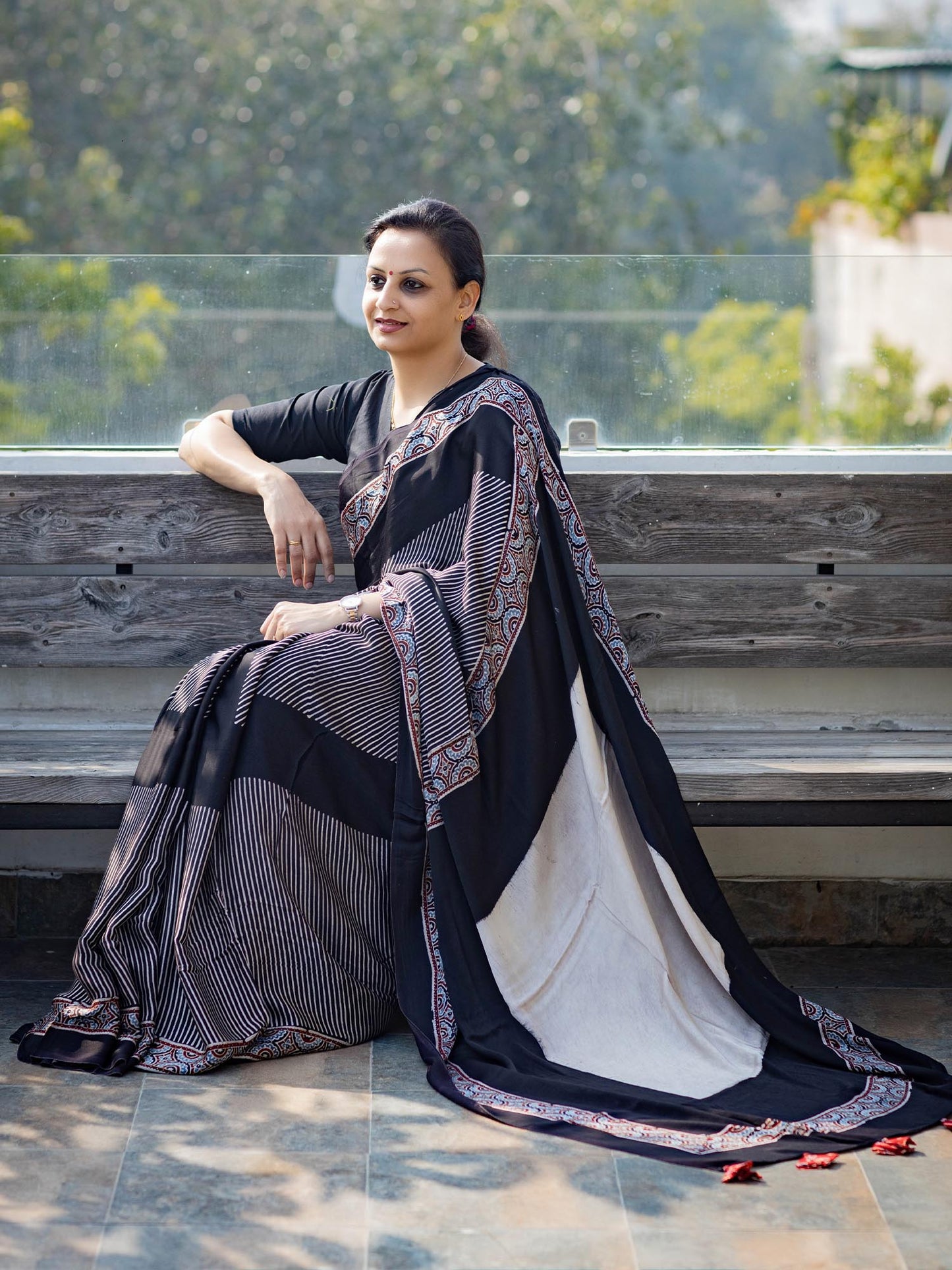 Black & Off-white Striped Modal Silk Ajrakh Block Print Saree