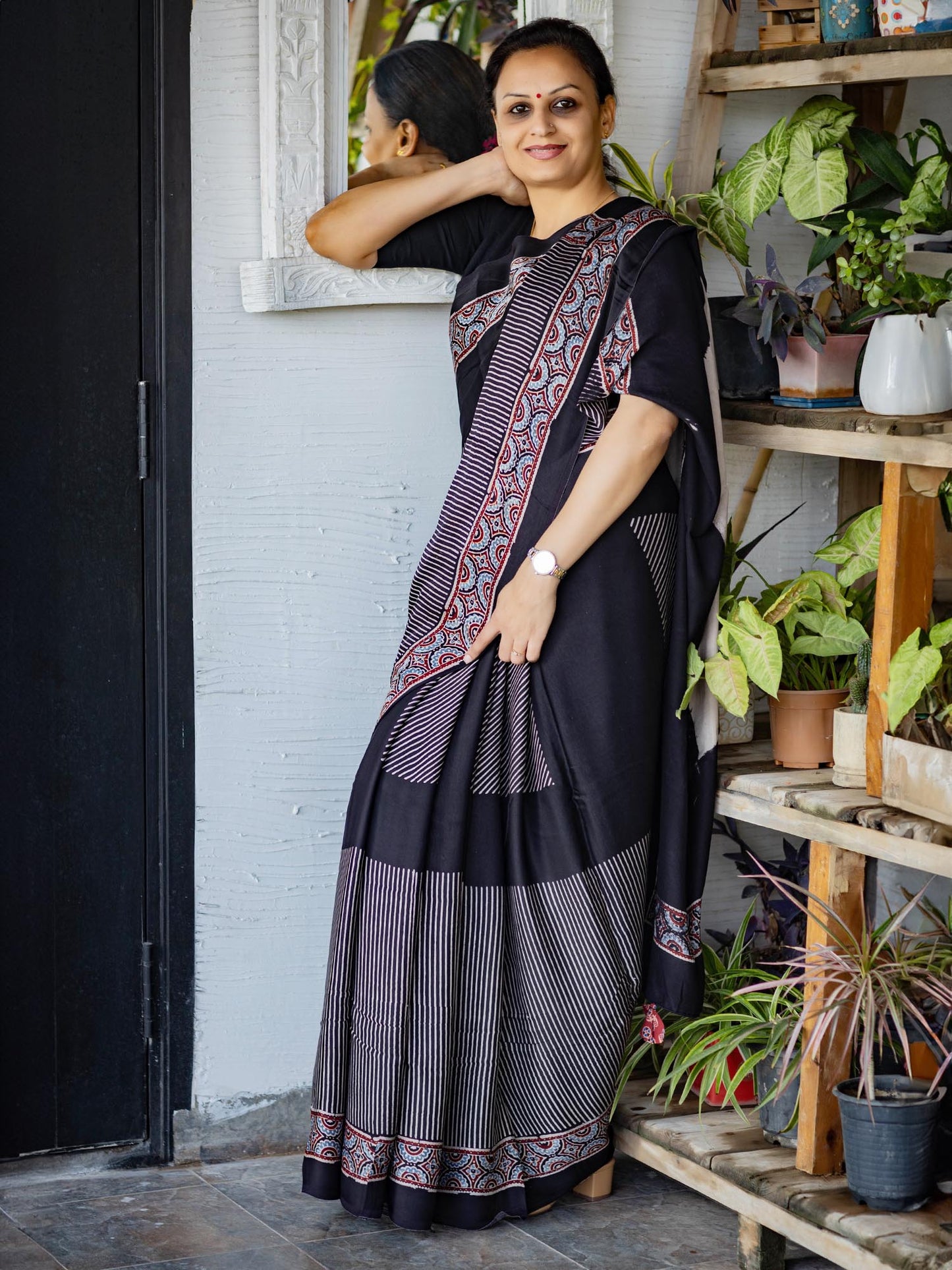 Black & Off-white Striped Modal Silk Ajrakh Block Print Saree