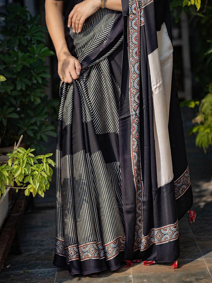 Black & Off-white Striped Modal Silk Ajrakh Block Print Saree