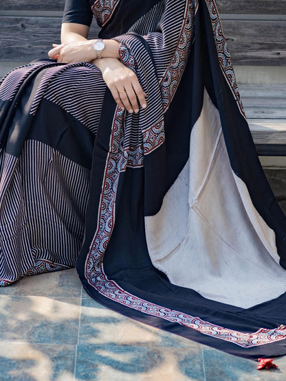 Black & Off-white Striped Modal Silk Ajrakh Block Print Saree