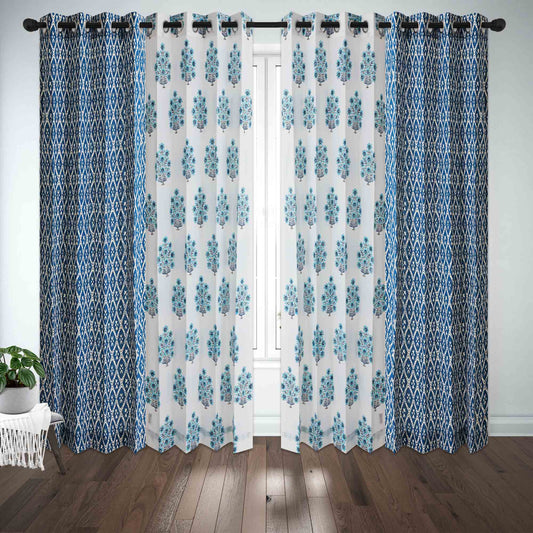 Blue Gulbahar with Geometric Indigo Cotton Handblock Curtain Combo (Set of 4 Curtains)