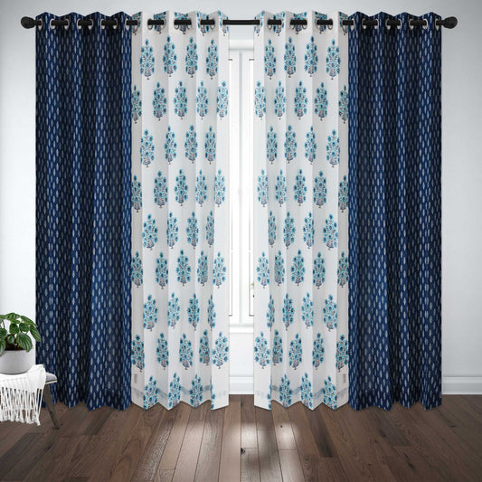 Blue Gulbahar with Indigo White Buta Cotton Handblock Curtain Combo (Set of 4 Curtains