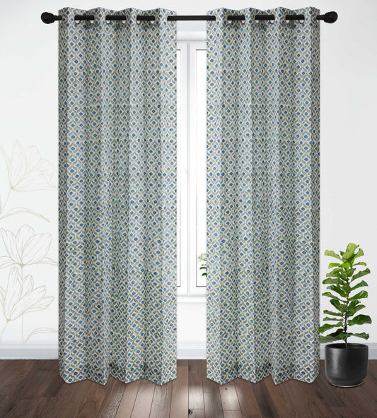 Blue and SeaGreen Mughal Jaal Cotton Handblock Curtain (Pair of 2 Curtains)