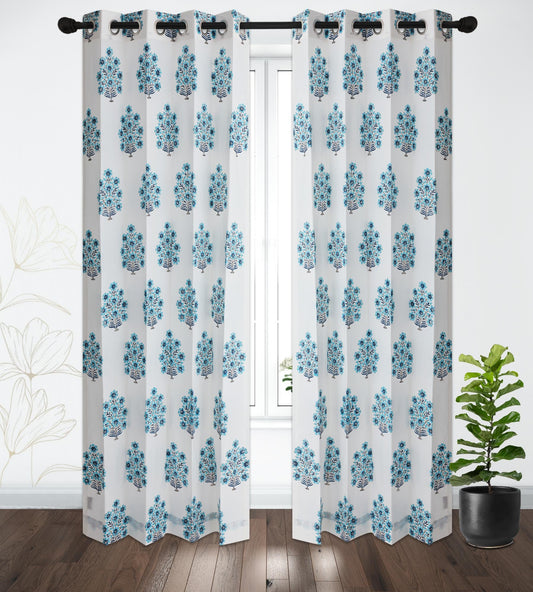 Blue Gulbahar Cotton Handblock Curtain (Pair of 2 Curtains)