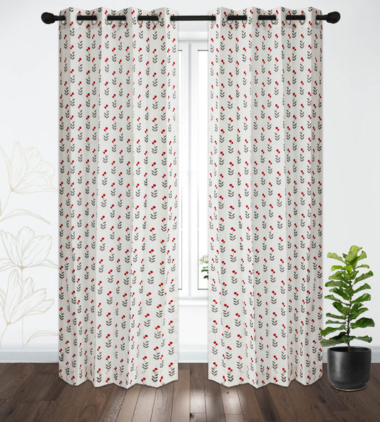 Cherry Print Cotton Handblock Curtain (Pair of 2 Curtains)