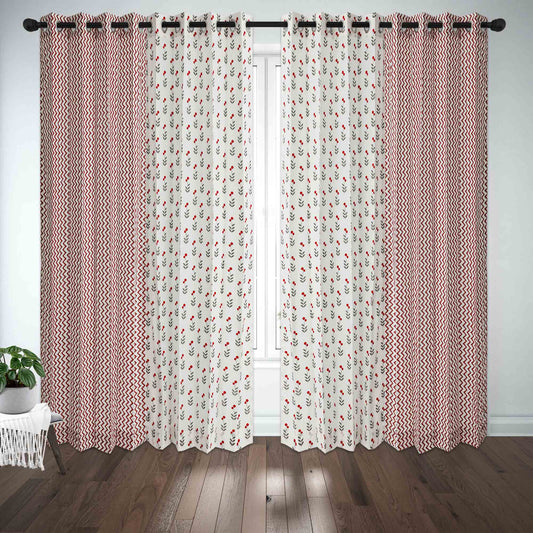 Cherry with Maroon Zigzag Cotton Handblock Combo (Set of 4 Curtains)