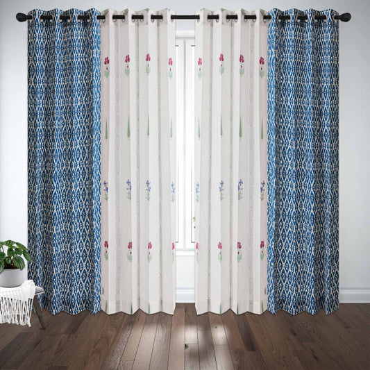 French Garden with Geometric Indigo Cotton Handblock Combo (Set of 4 Curtains)