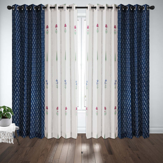 French Garden with Indigo White Buta Cotton handblock Combo (Set of 4 Curtains)