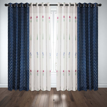 French Garden with Indigo White Buta Cotton handblock Combo (Set of 4 Curtains)