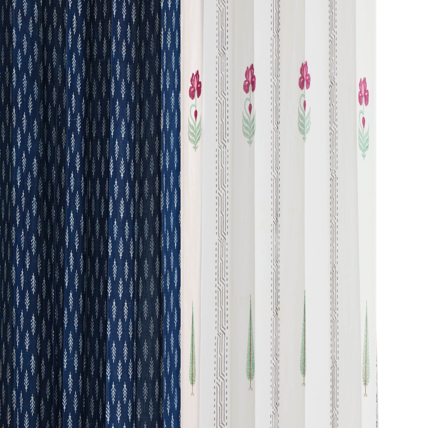 French Garden with Indigo White Buta Cotton handblock Combo (Set of 4 Curtains)