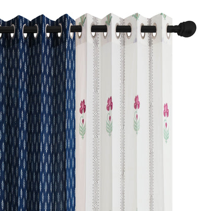 French Garden with Indigo White Buta Cotton handblock Combo (Set of 4 Curtains)