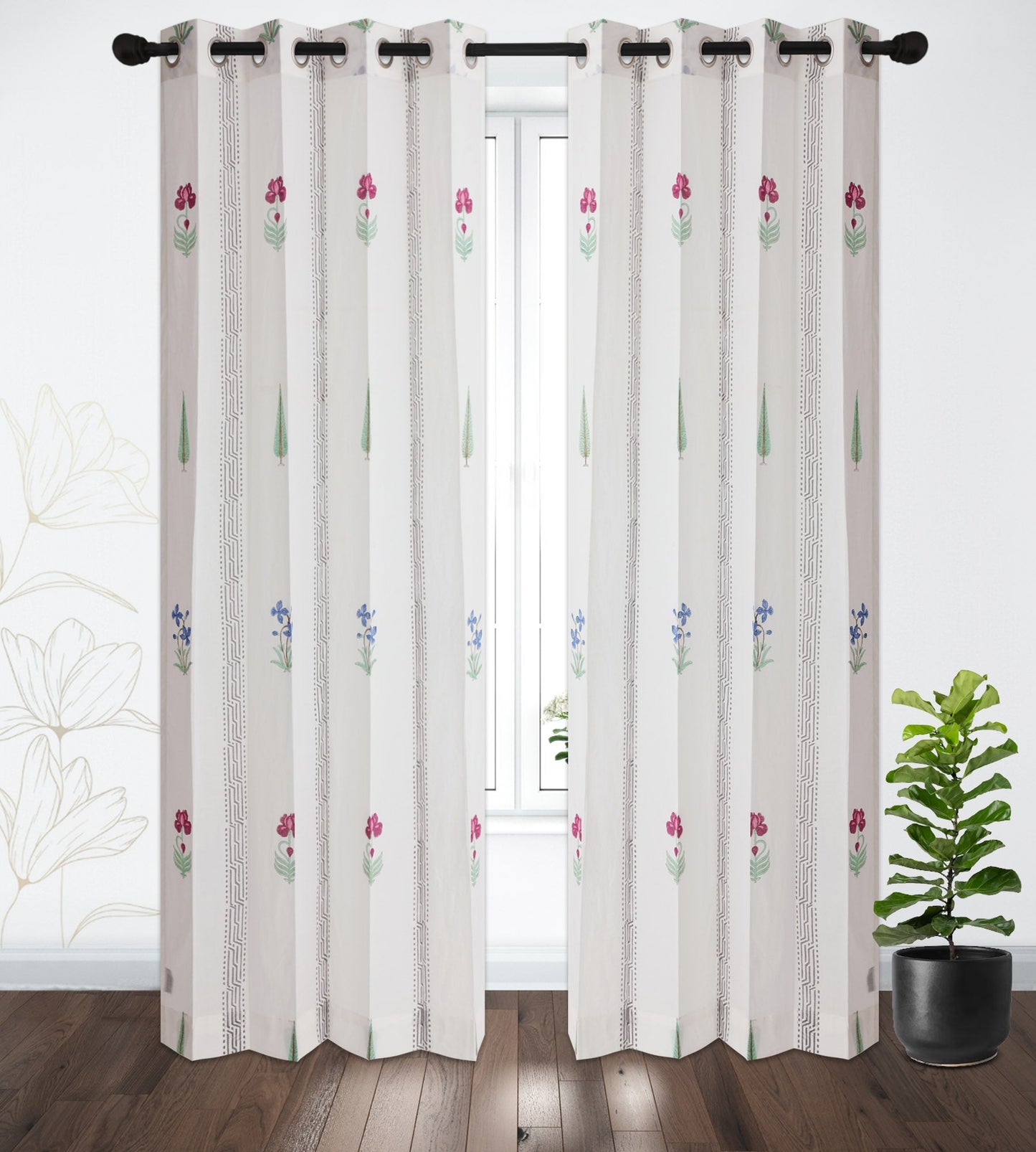 French Garden Cotton handblock Curtain (Pair of 2 Curtains)