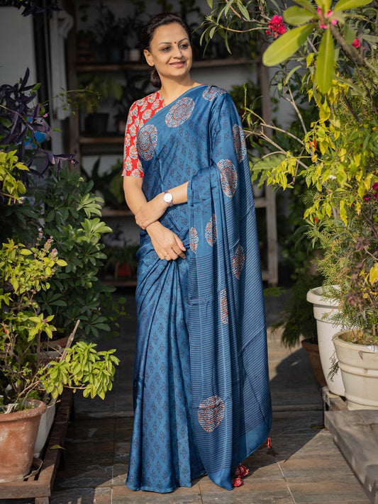 Indigo & Black Modal Silk Ajrakh Block Print Saree