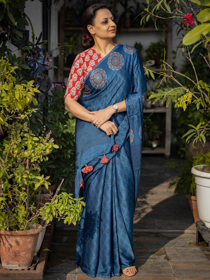 Indigo & Black Modal Silk Ajrakh Block Print Saree