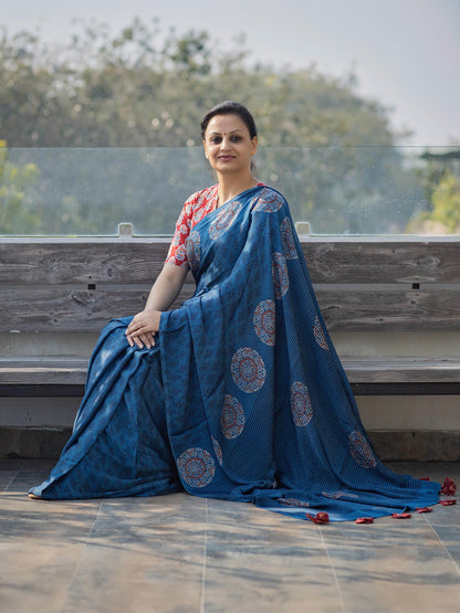 Indigo & Black Modal Silk Ajrakh Block Print Saree