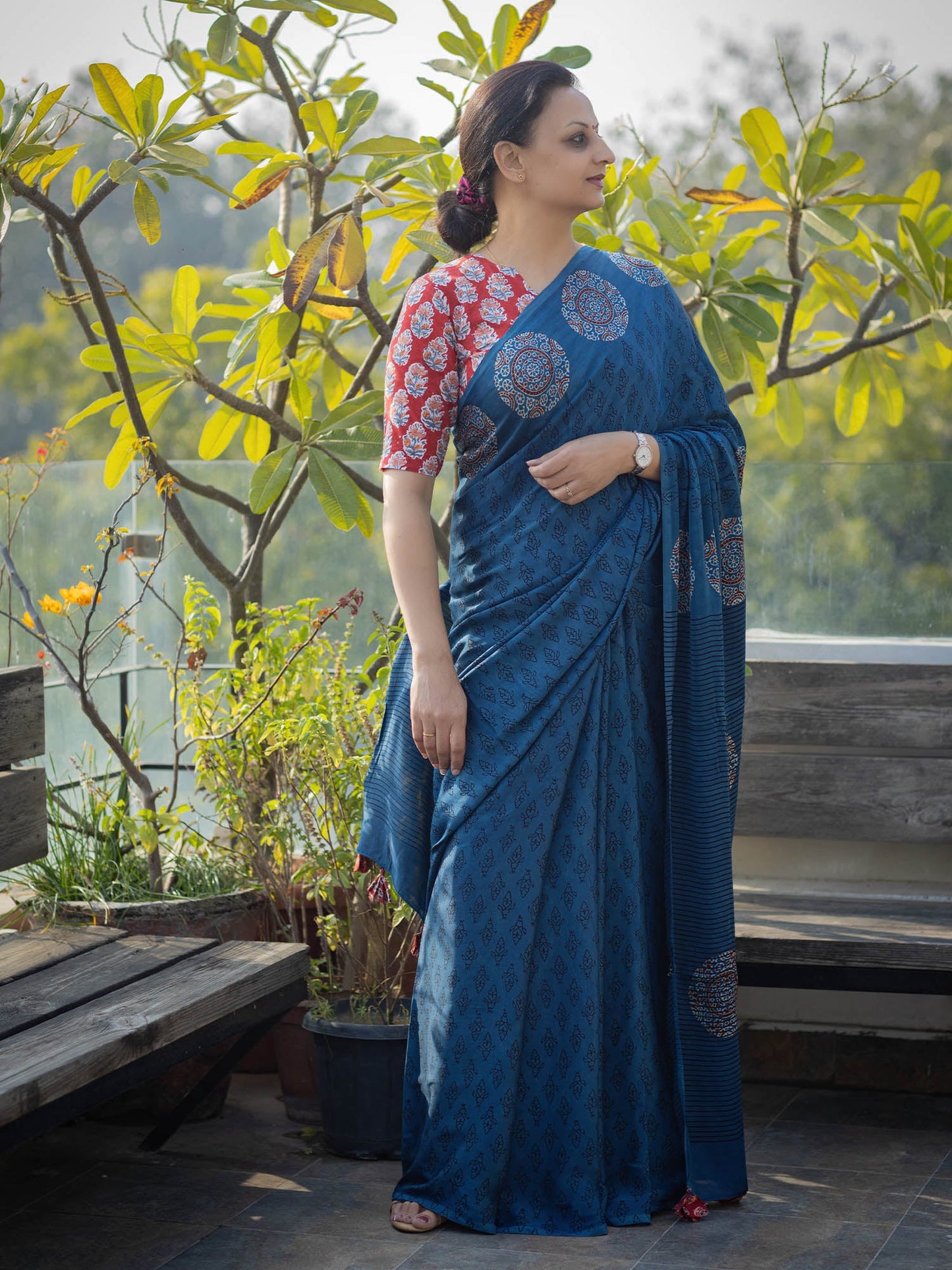 Indigo & Black Modal Silk Ajrakh Block Print Saree