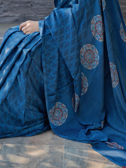 Indigo & Black Modal Silk Ajrakh Block Print Saree