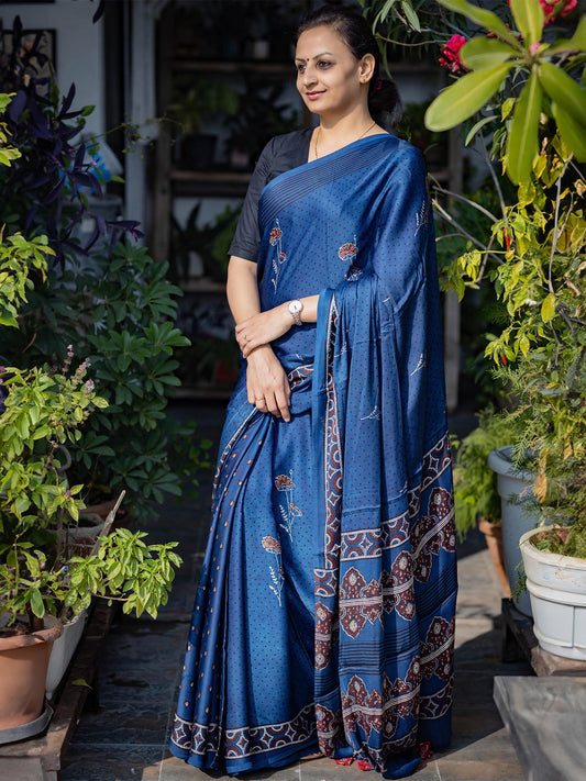 Indigo & Dotted Half & Half Modal Silk Ajrakh Block Print Saree