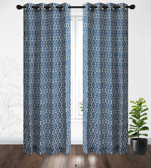 Indigo Geometric Print Cotton Handblock Curtain (Pair of 2 Curtains)