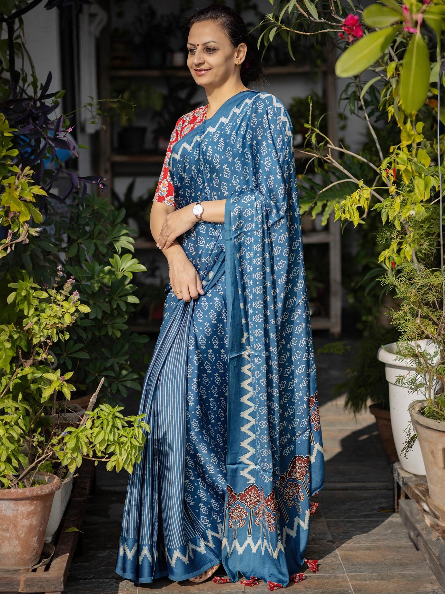 Indigo with Off-white Half & Half Modal Silk Ajrakh Block Print Saree