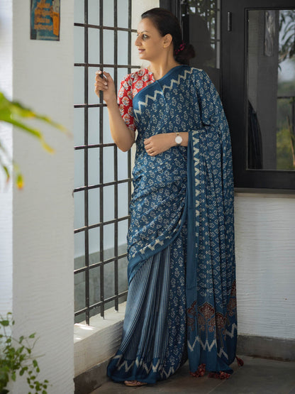 Indigo with Off-white Half & Half Modal Silk Ajrakh Block Print Saree