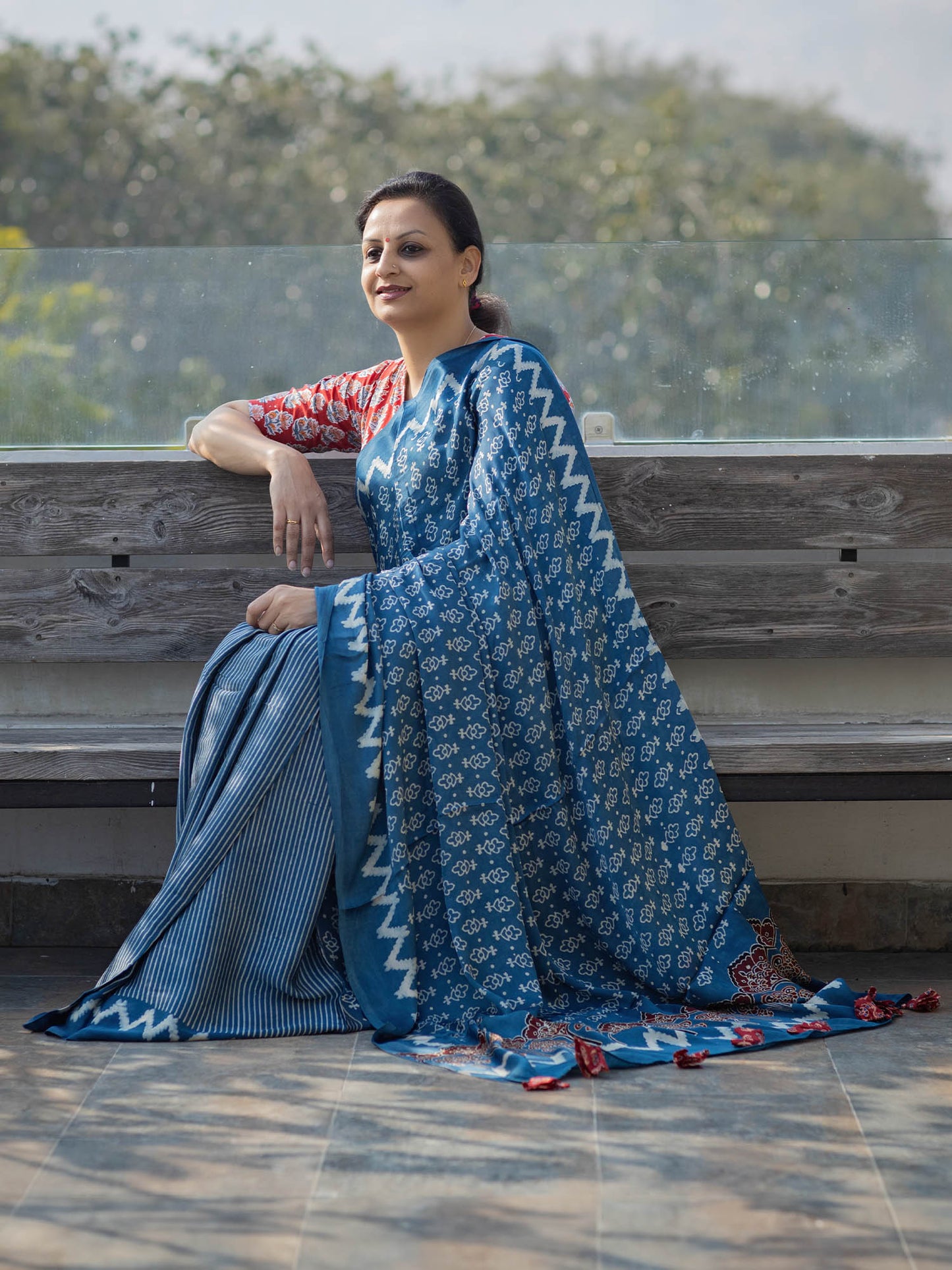 Indigo with Off-white Half & Half Modal Silk Ajrakh Block Print Saree