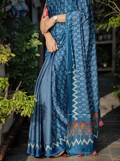 Indigo with Off-white Half & Half Modal Silk Ajrakh Block Print Saree