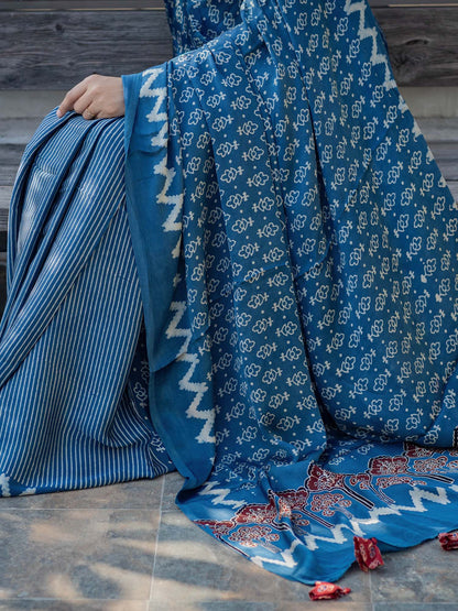 Indigo with Off-white Half & Half Modal Silk Ajrakh Block Print Saree