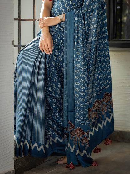 Indigo with Off-white Half & Half Modal Silk Ajrakh Block Print Saree