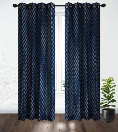 Indigo with White Buta Cotton Handblock Curtain (Pair of 2 Curtains)