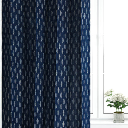 Indigo with White Buta Cotton Handblock Curtain (Pair of 2 Curtains)