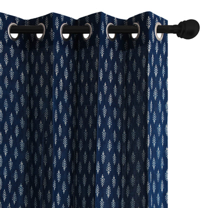 Indigo with White Buta Cotton Handblock Curtain (Pair of 2 Curtains)