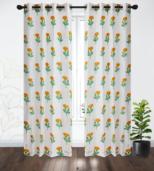 Marigold Cotton Handblock Curtain (Pair of 2 Curtains)