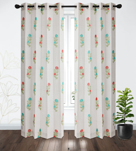 Marigold Jaal Bahar Cotton Handblock Curtain (Pair of 2 Curtains)