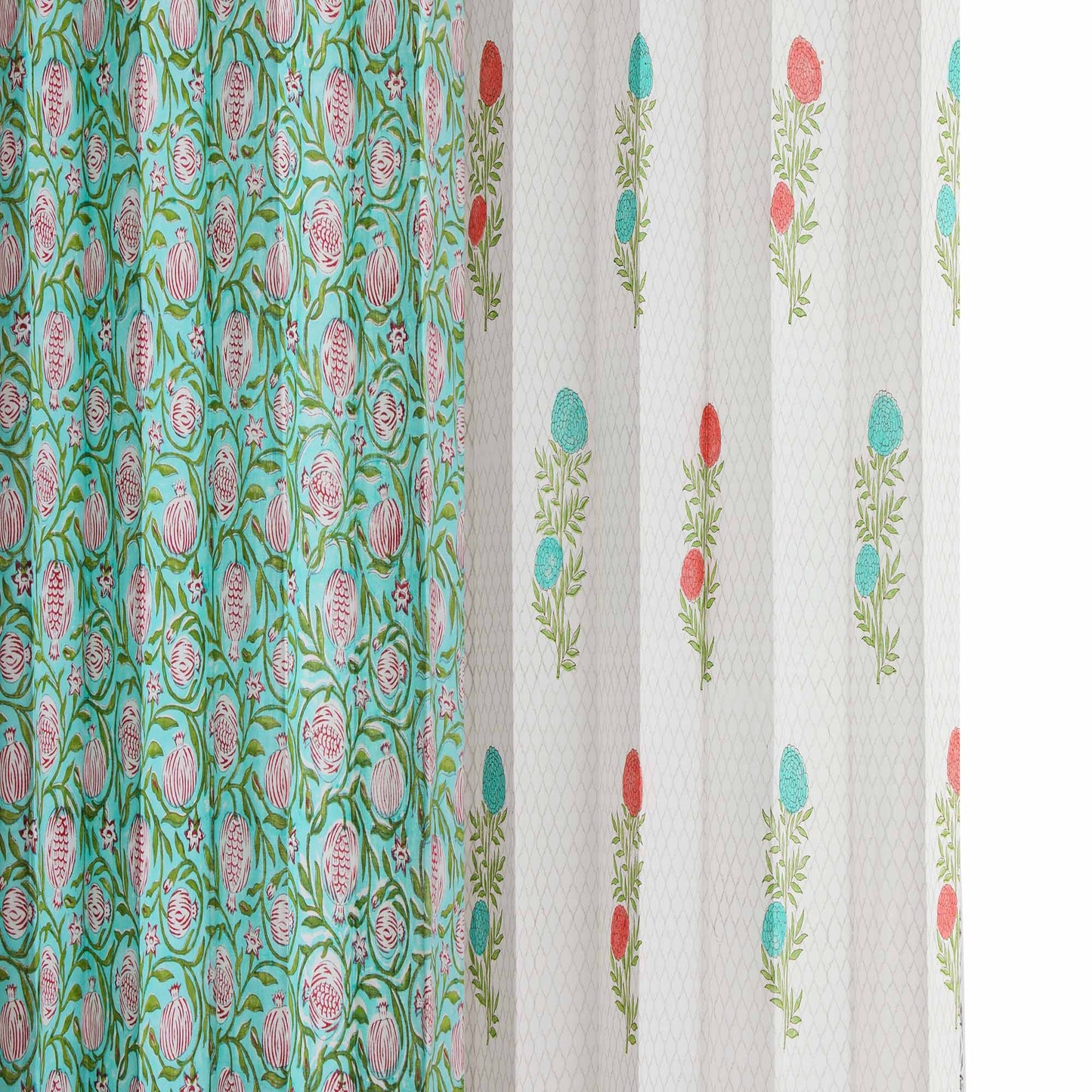 Marigold JaalBahar with SeaGreen Pomegranate Jaal Cotton Handblock Combo (Set of 4 Curtains)