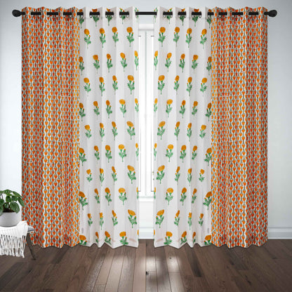 Marigold with Mustard Yellow Jaal Cotton Handblock Combo (Set of 4 Curtains)