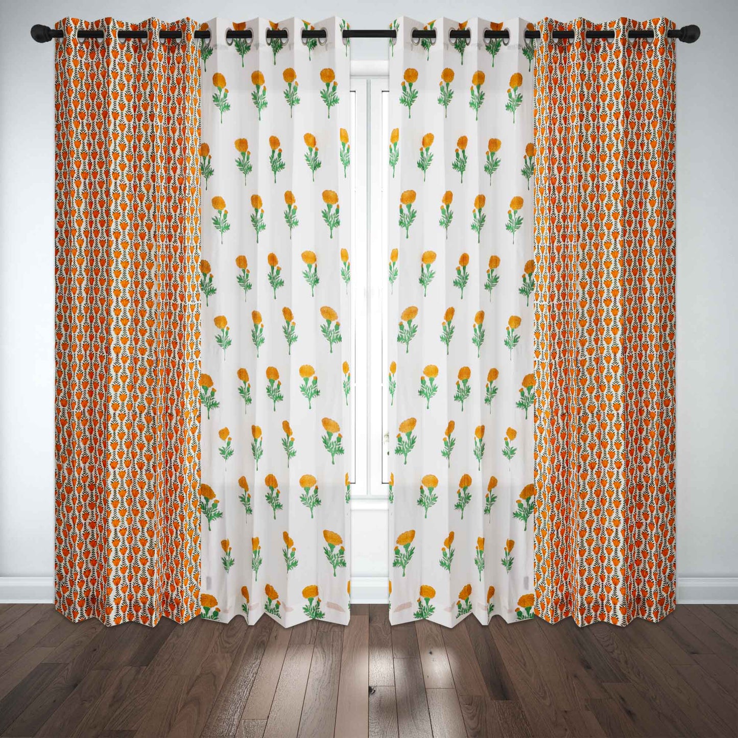 Marigold with Mustard Yellow Jaal Cotton Handblock Combo (Set of 4 Curtains)