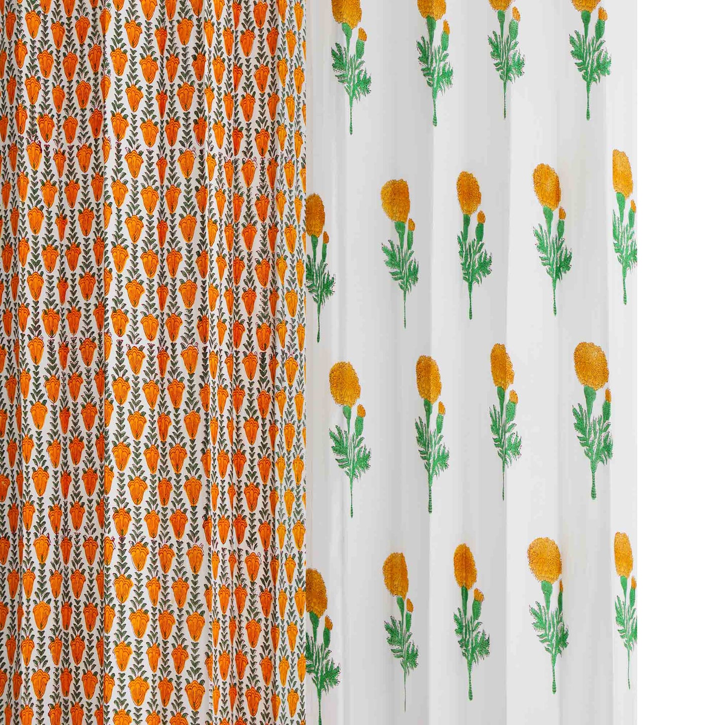 Marigold with Mustard Yellow Jaal Cotton Handblock Combo (Set of 4 Curtains)