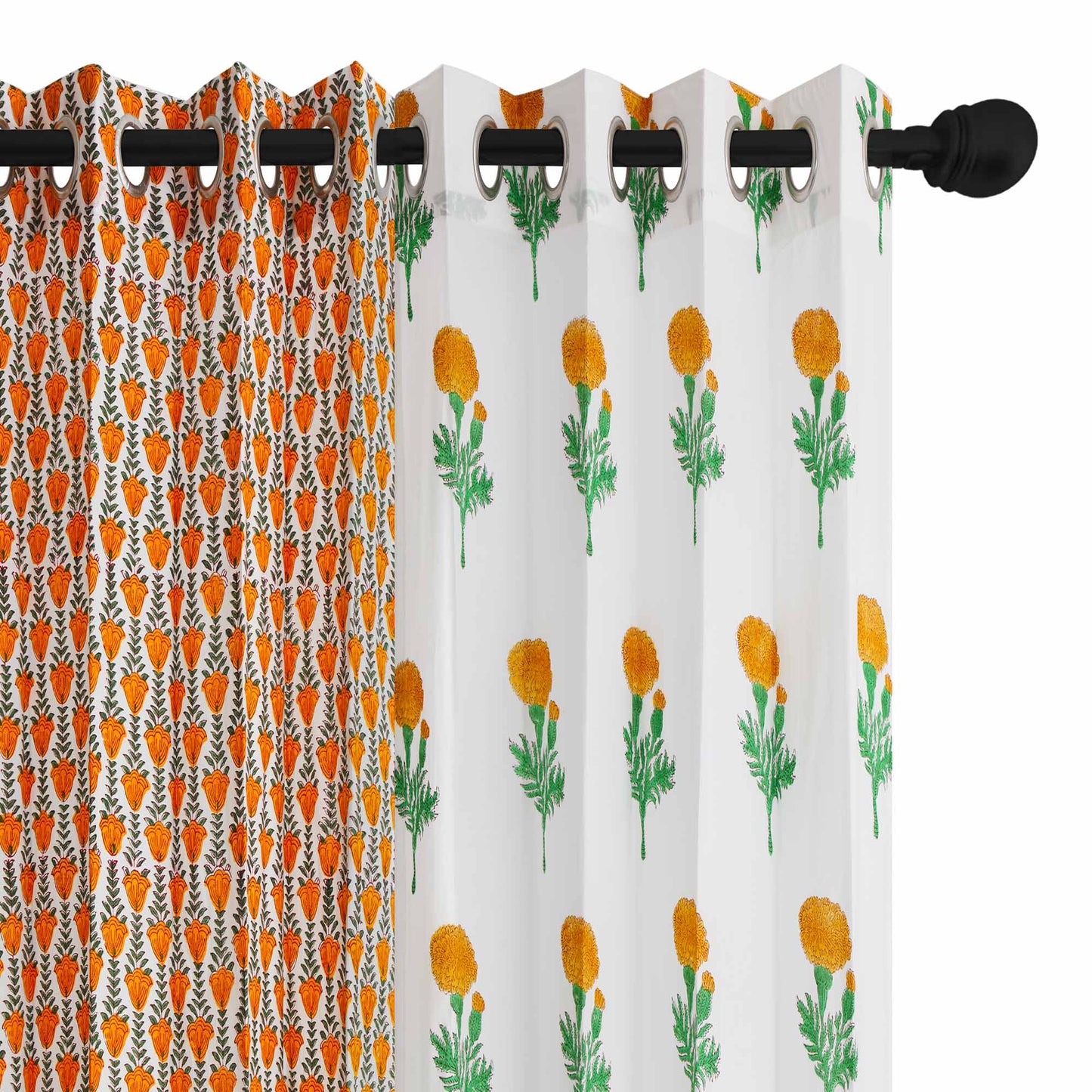 Marigold with Mustard Yellow Jaal Cotton Handblock Combo (Set of 4 Curtains)