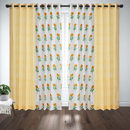 Marigold with Yellow Zigzag Cotton Handblock Combo (Set of 4 Curtains)