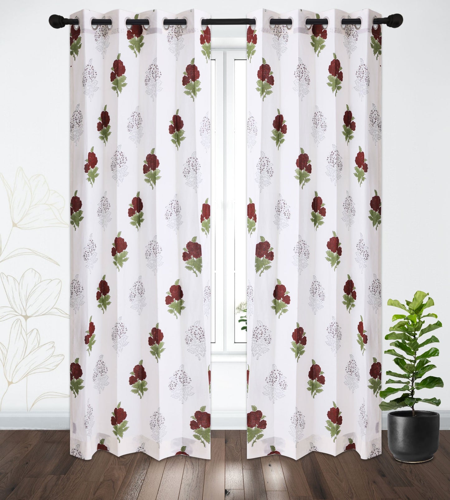 Maroon Gulaab Cotton Handblock Curtain (Pair of 2 Curtains)