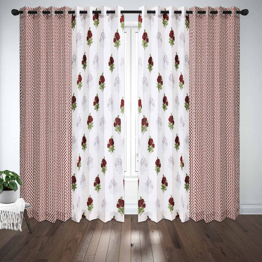 Maroon Gulab with Maroon Zigzag Cotton Handblock Combo (Set of 4 Curtains)