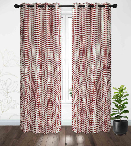 Maroon Zigzag Cotton Handblock Curtain (Pair of 2 Curtains)