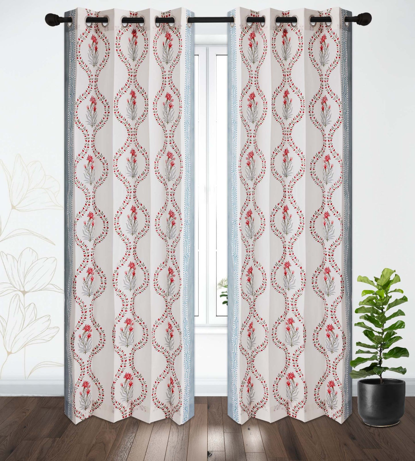 Mughal Buta and Jaal Cotton Handblock Curtain (Pair of 2 Curtains)