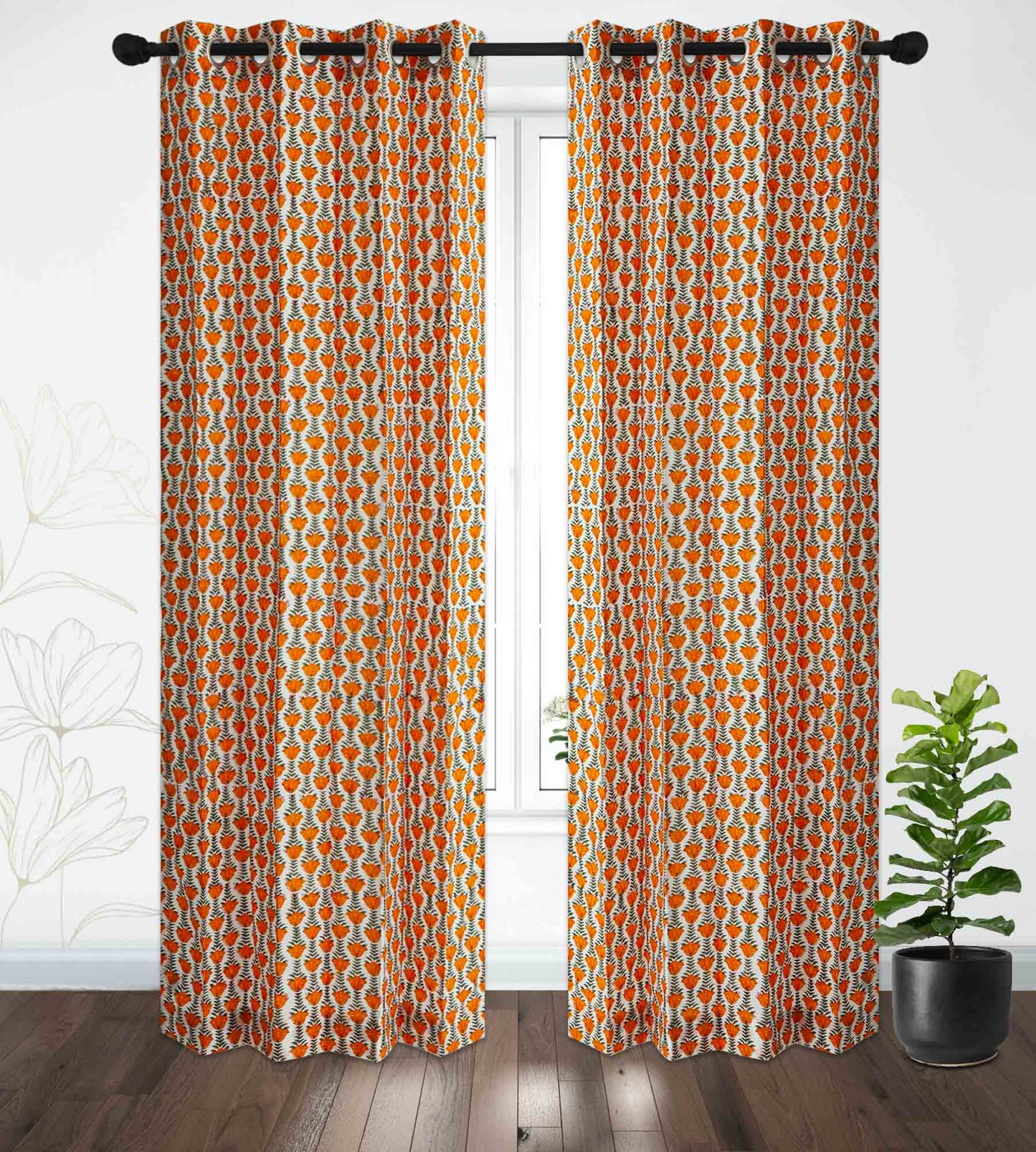 Mustard Yellow Chain Jaal Cotton Handblock Curtain (Pair of 2 Curtains)