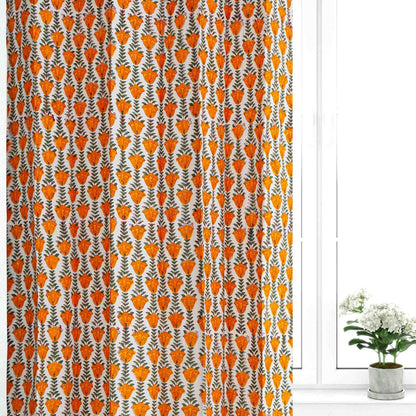 Mustard Yellow Chain Jaal Cotton Handblock Curtain (Pair of 2 Curtains)