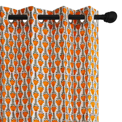 Mustard Yellow Chain Jaal Cotton Handblock Curtain (Pair of 2 Curtains)