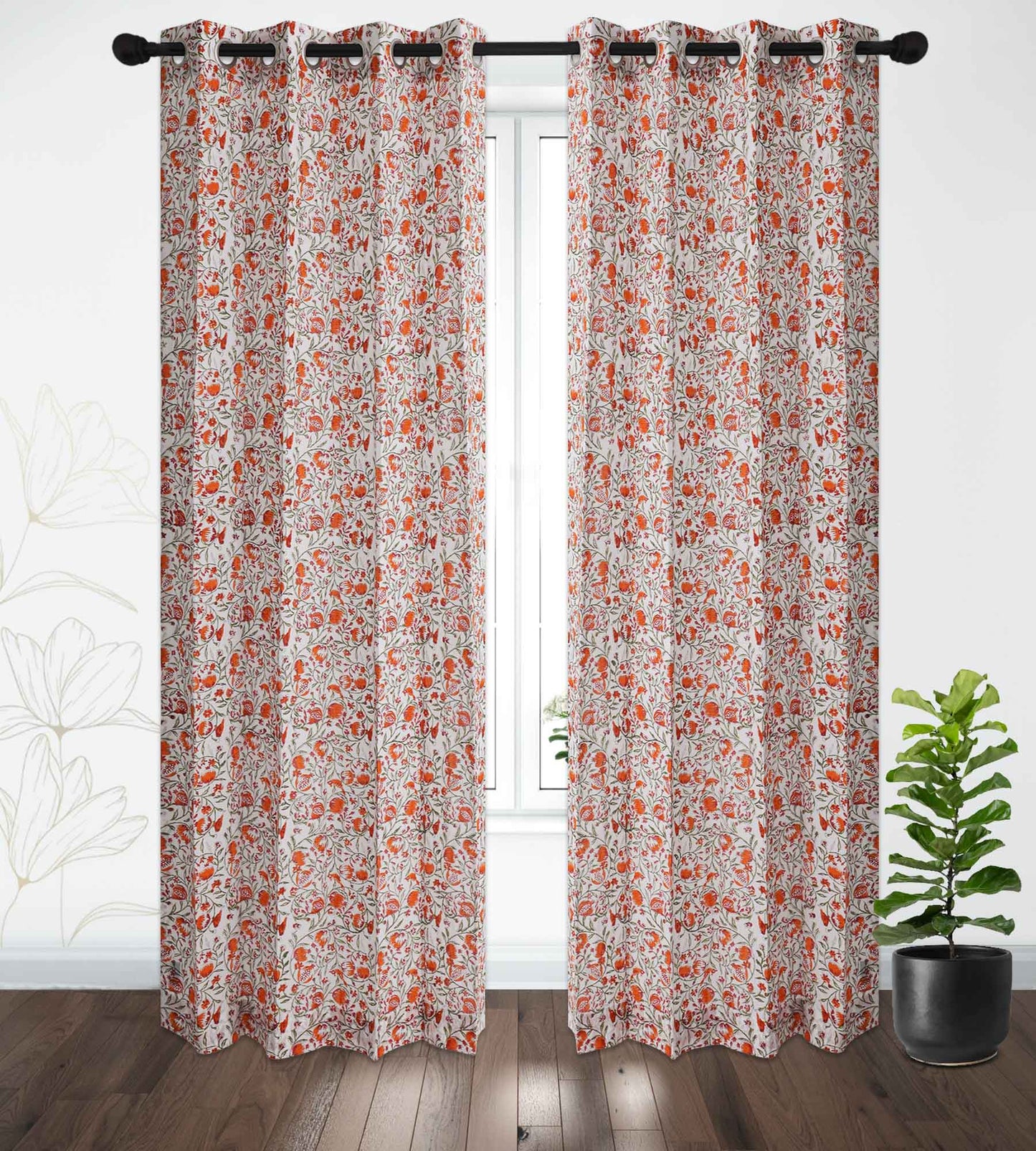 Orange Jaal Cotton Handblock Curtain (Pair of 2 Curtains)