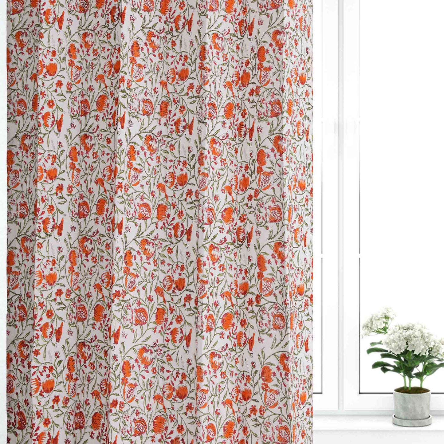 Orange Jaal Cotton Handblock Curtain (Pair of 2 Curtains)